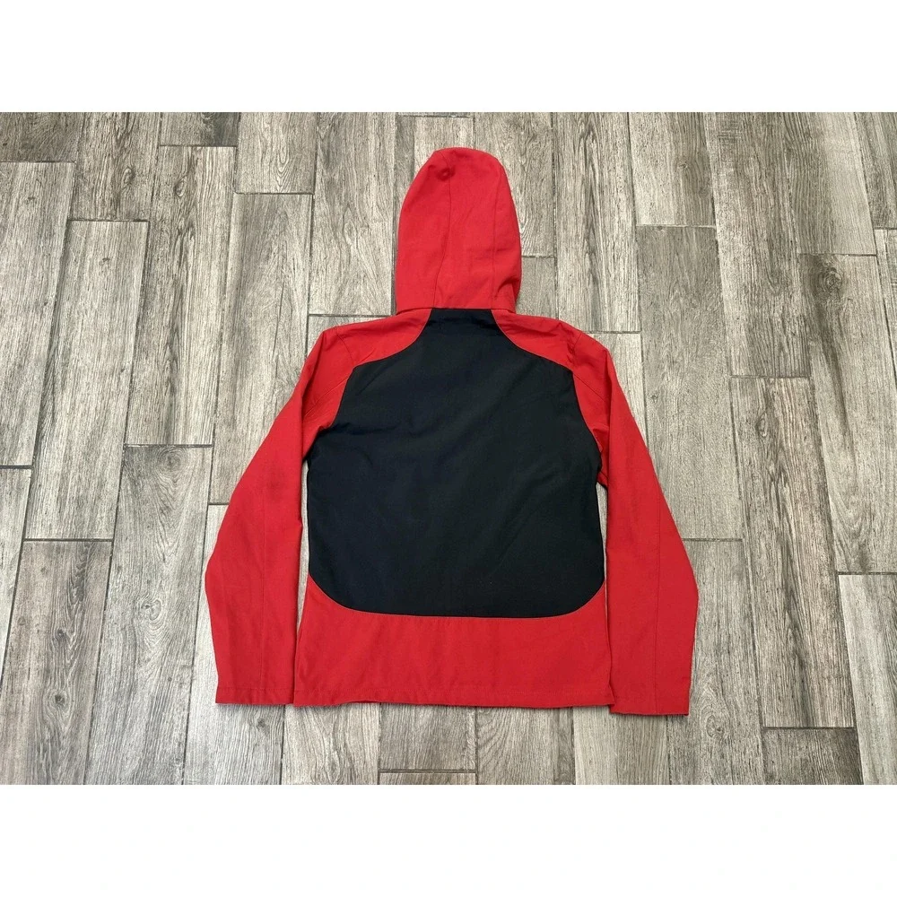 H-E-B Jacket Mens Medium Red Black Hooded Softshell Fleece Lined Full Zip Logo